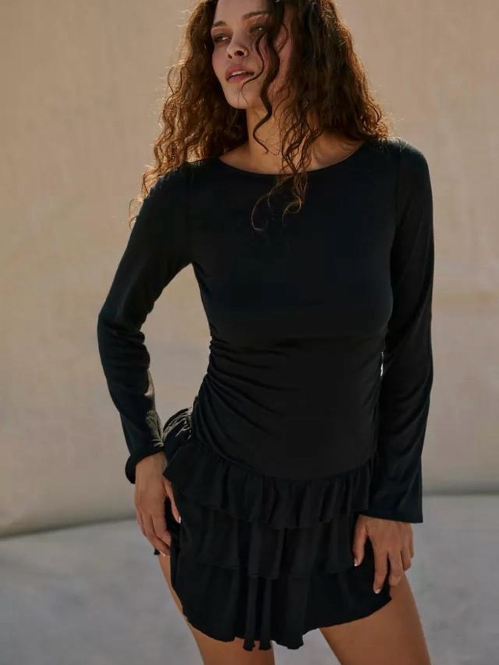 Free People Black Long-Sleeve Mini Dress with Tiered Ruffle Hem